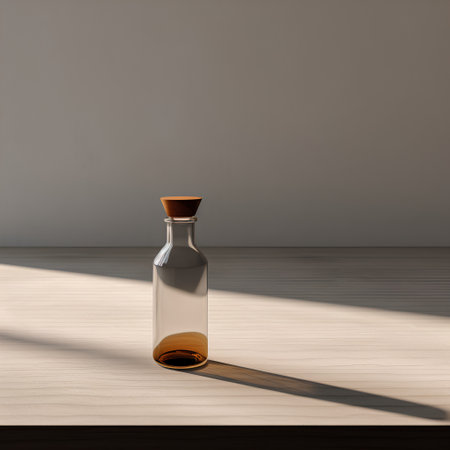 Empty glass bottle with shadow on wooden table. 3d render illustrationの素材