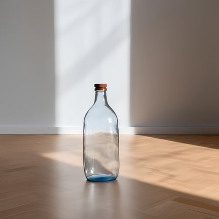 Empty glass bottle on a wooden floor in a room with a windowの素材