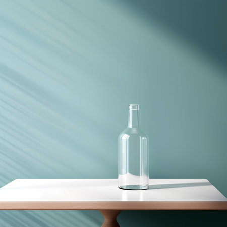 Empty glass bottle on a white wooden table in front of a blue wall. 3d renderingの素材