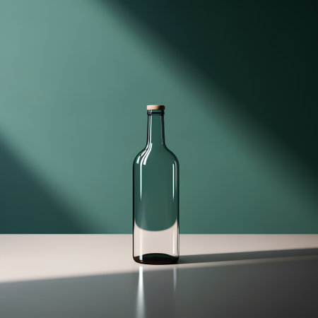 Empty glass bottle with shadow on a green wall. 3d renderingの素材
