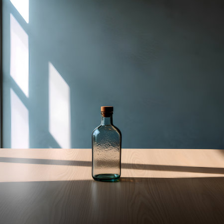 Bottle of water on wooden table with shadow on wall. 3d renderの素材