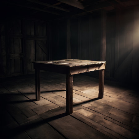 Old wooden table in a dark room with a beam of light.の素材