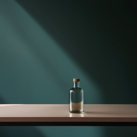 Empty glass bottle on wooden shelf in dark room. 3d renderの素材