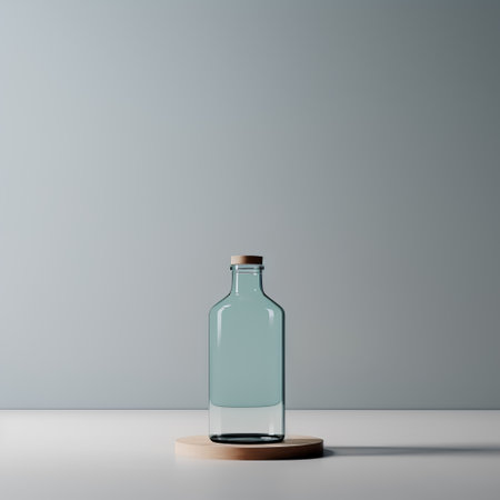 Empty glass bottle on a wooden stand. Mock up, 3D Renderingの素材