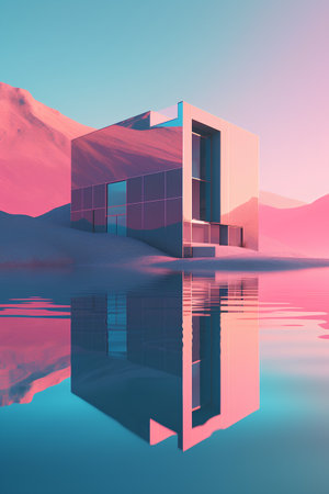 Modern house with reflection in water, 3d render. Computer digital drawing.の素材