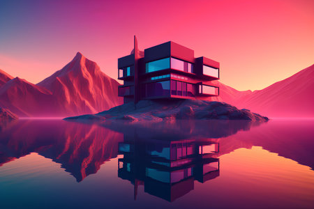 Modern house on a mountain lake at sunset. 3D rendering.の素材