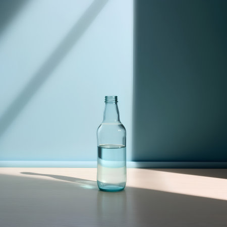 Glass bottle with water on the floor and blue wall. 3d renderの素材