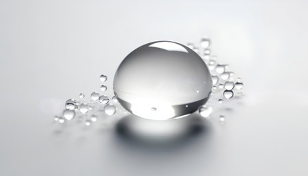 Water drops and glass ball on white background. 3D illustration.の素材