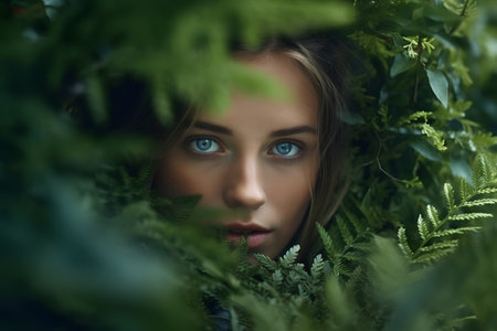 Beautiful young woman hiding behind fern leaves in the forest.の素材