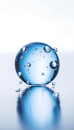 Blue water drop on white background with reflection and space for text.の素材