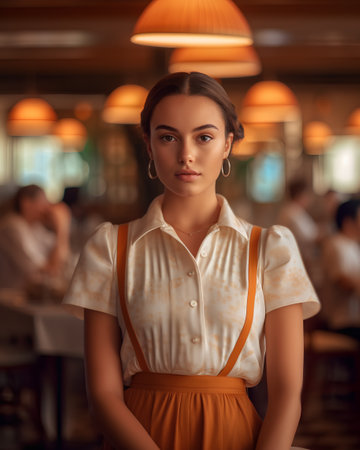 Portrait of a beautiful young woman in a restaurant. Beauty, fashion.の素材