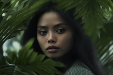Portrait of a beautiful asian woman surrounded by tropical leaves.の素材