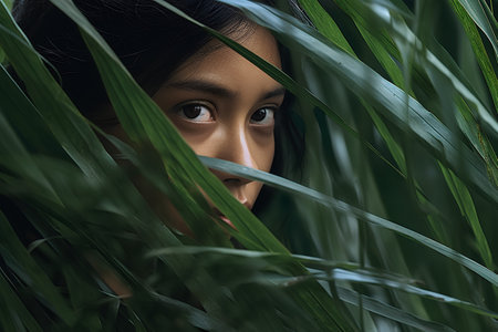 Portrait of young asian woman hiding behind green leaves in the jungle.の素材