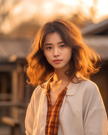 Portrait of a beautiful young asian woman outdoor at sunset.の素材