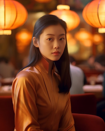 Portrait of a beautiful young asian woman sitting in a restaurantの素材