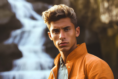 Portrait of a handsome young man in an orange jacket against a waterfallの素材