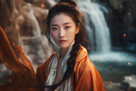 Beautiful asian woman with orange kimono at waterfall.の素材