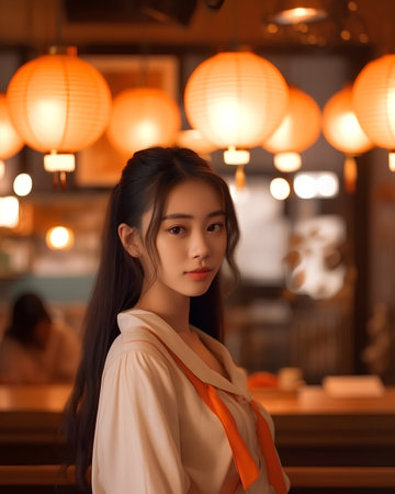 Portrait of a beautiful Asian woman in a cafe with lanternsの素材