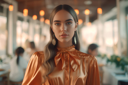 Portrait of a beautiful girl in a gold dress in a restaurantの素材
