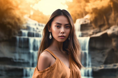 Portrait of a beautiful young asian woman with long brown hair on the background of a waterfallの素材