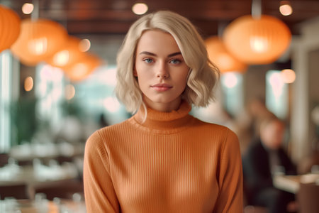Portrait of a beautiful young woman in an orange sweater standing in a cafe.の素材