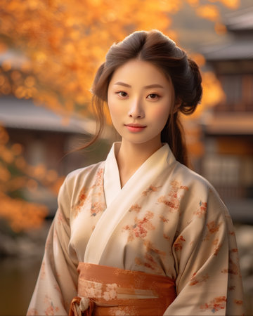 picture of beautiful asian woman in kimono with maple leavesの素材