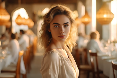 fashion interior photo of beautiful woman with blond hair in elegant clothes posing in restaurantの素材