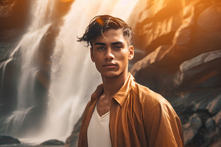 Portrait of a handsome young man standing near the waterfall. Men's beauty, fashion.の素材