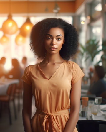Portrait of a beautiful african american woman in a restaurantの素材