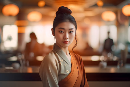 beautiful asian woman in a restaurant. vintage color tone.の素材