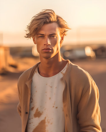 Portrait of a handsome young man with blond hair in the desertの素材