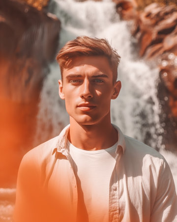 Portrait of handsome young man in front of waterfall. Toned.の素材