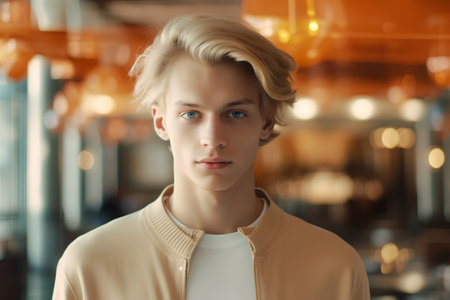 Portrait of a handsome young man with blond hair in a cafeの素材