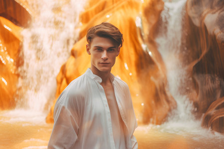 Handsome young man in a white shirt on the background of a waterfallの素材