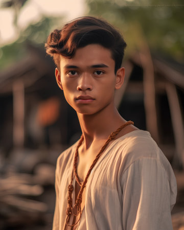 Portrait of young asian man in traditional costume at sunset.の素材