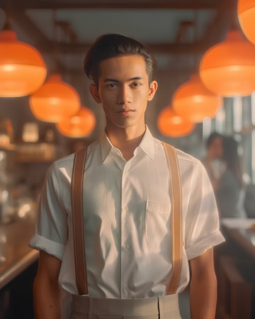 Portrait of a handsome asian man standing in a cafe.の素材