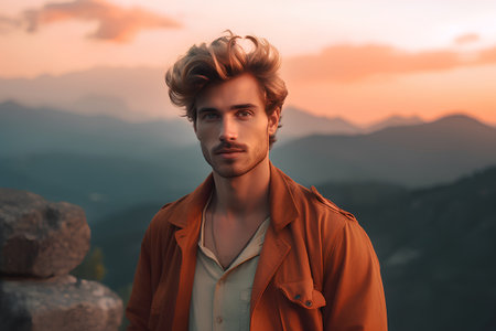 Handsome young man in casual clothes standing on the top of a mountain and looking at the camera.の素材