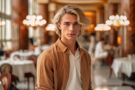 Portrait of a handsome young man with blond hair in a restaurantの素材