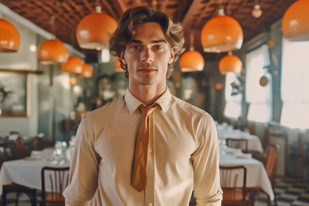 Portrait of a handsome young man in a restaurant. Business concept.の素材