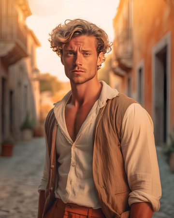 Handsome young man with blond curly hair, wearing a white shirt and orange pants, standing in an old town, looking at the cameraの素材