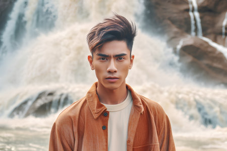 Portrait of handsome young asian man in casual clothes at waterfallの素材