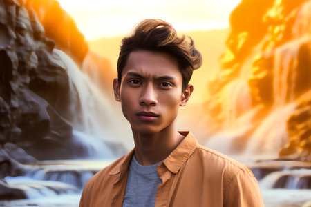 Portrait of young handsome asian man in front of waterfall.の素材