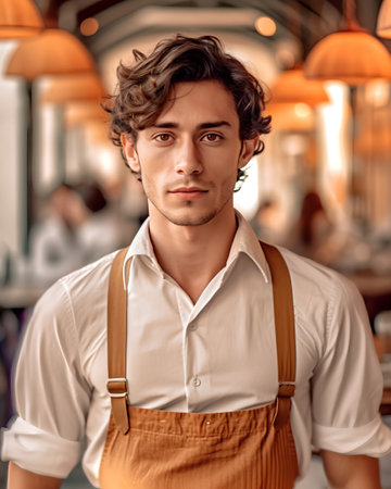 Portrait of handsome young man in a cafe. Man looking at camera.の素材