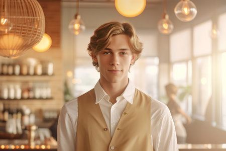 Portrait of handsome young man standing in cafe and looking at camera.の素材