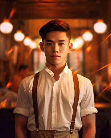 Portrait of a handsome asian man wearing suspenders and looking at cameraの素材