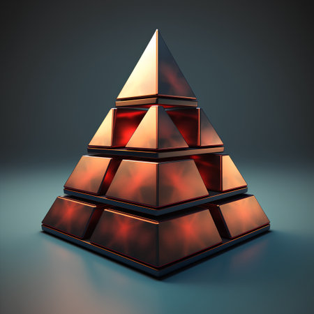 Pyramid of gold and red lights on a dark background. 3d renderingの素材