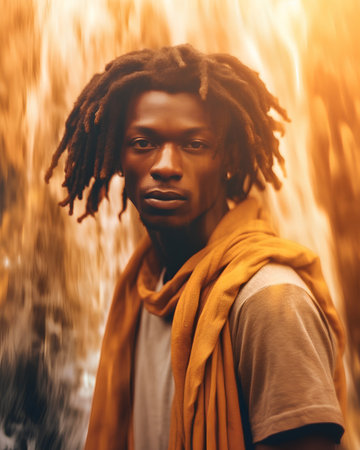 Portrait of a handsome african american man with dreadlocks against fireの素材
