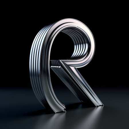 Metallic letter R on black background. 3D rendered font.の素材