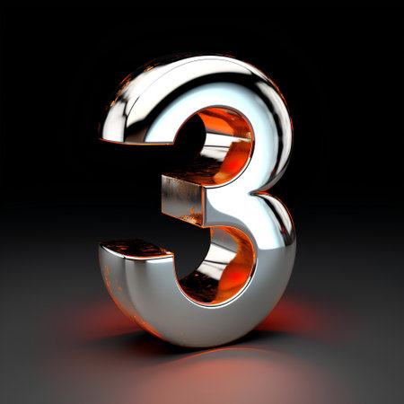 Metal number 3 isolated on black background. 3d rendered font.の素材