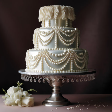Wedding cake decorated with pearls on a dark brown backgroundの素材